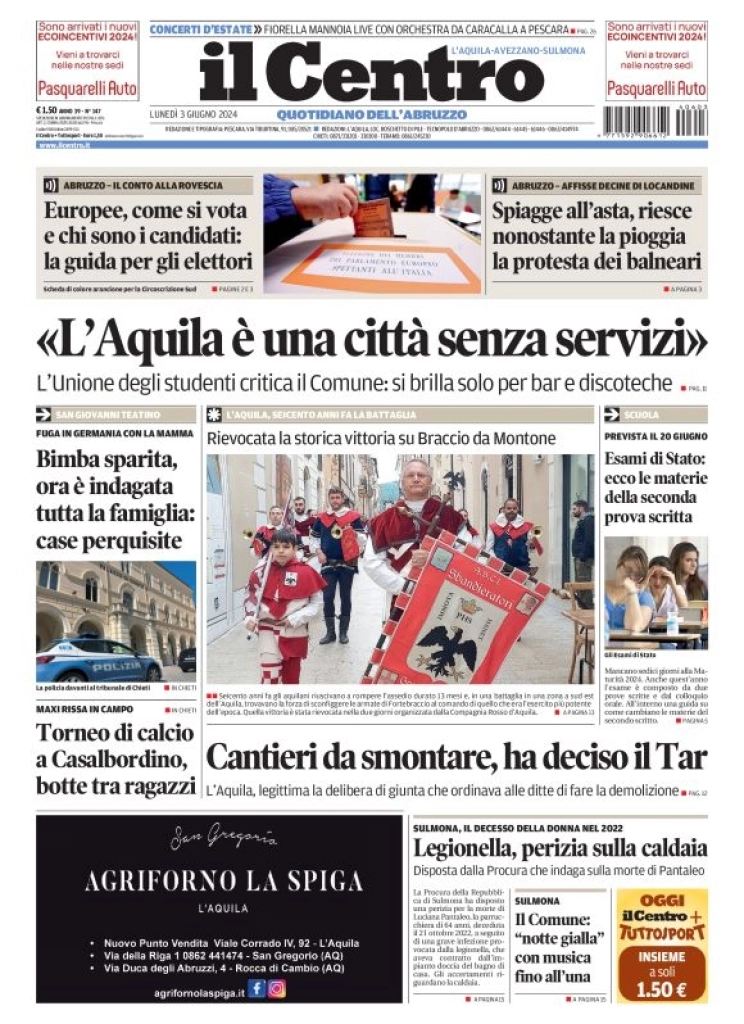 anteprima della prima pagina di il-centro-laquila del 03/06/2024