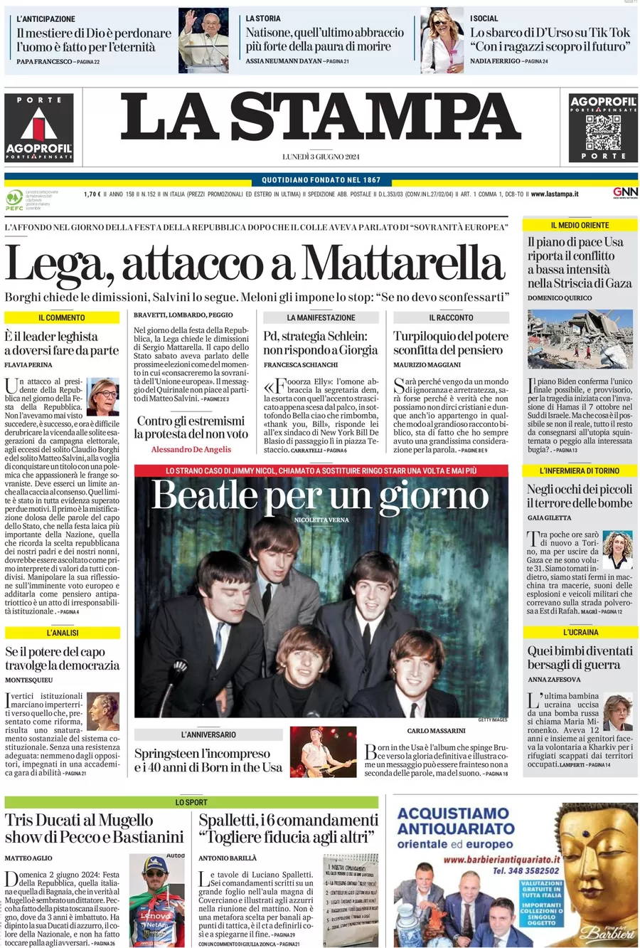 anteprima della prima pagina di la-stampa del 03/06/2024