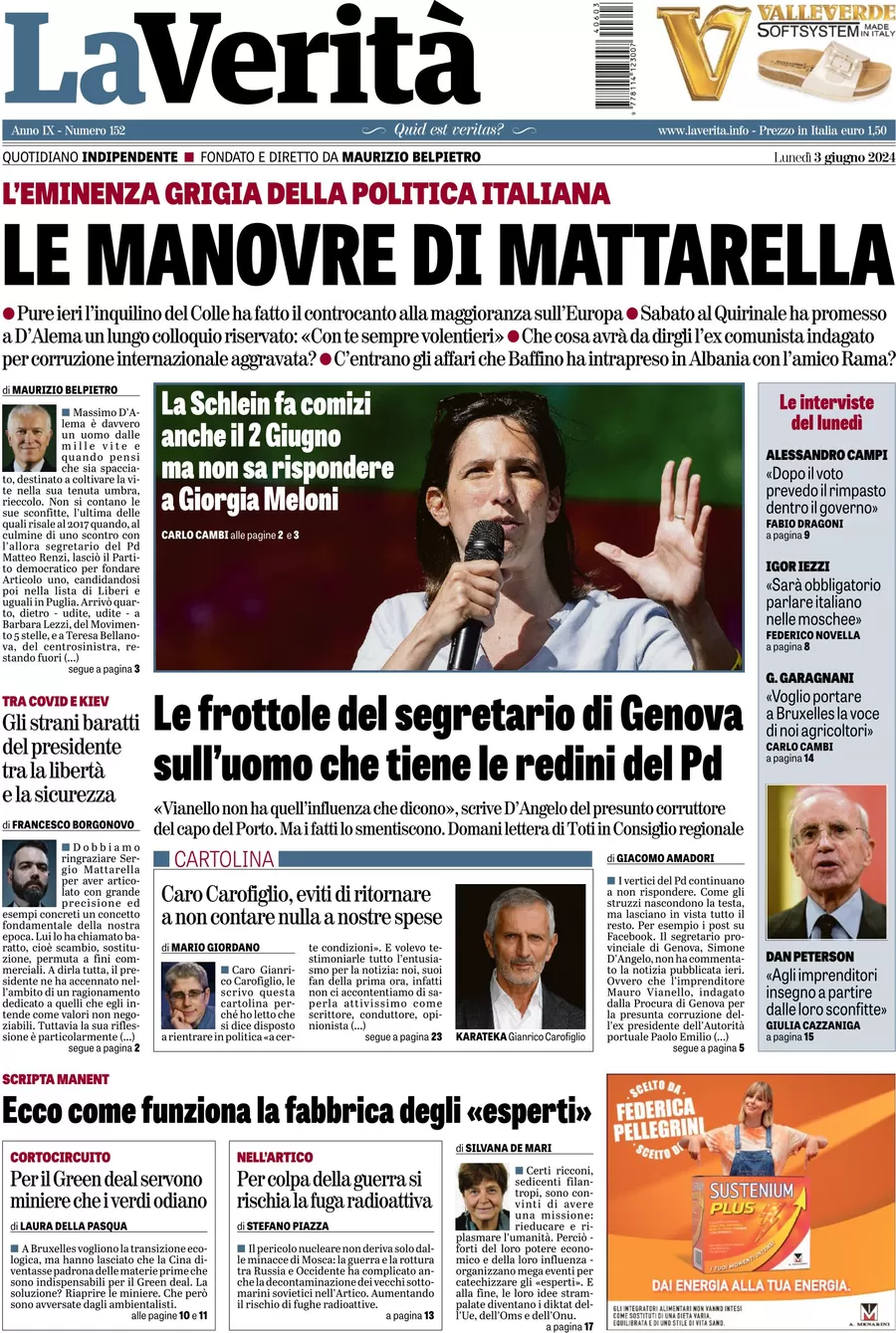 anteprima della prima pagina di la-verit del 03/06/2024