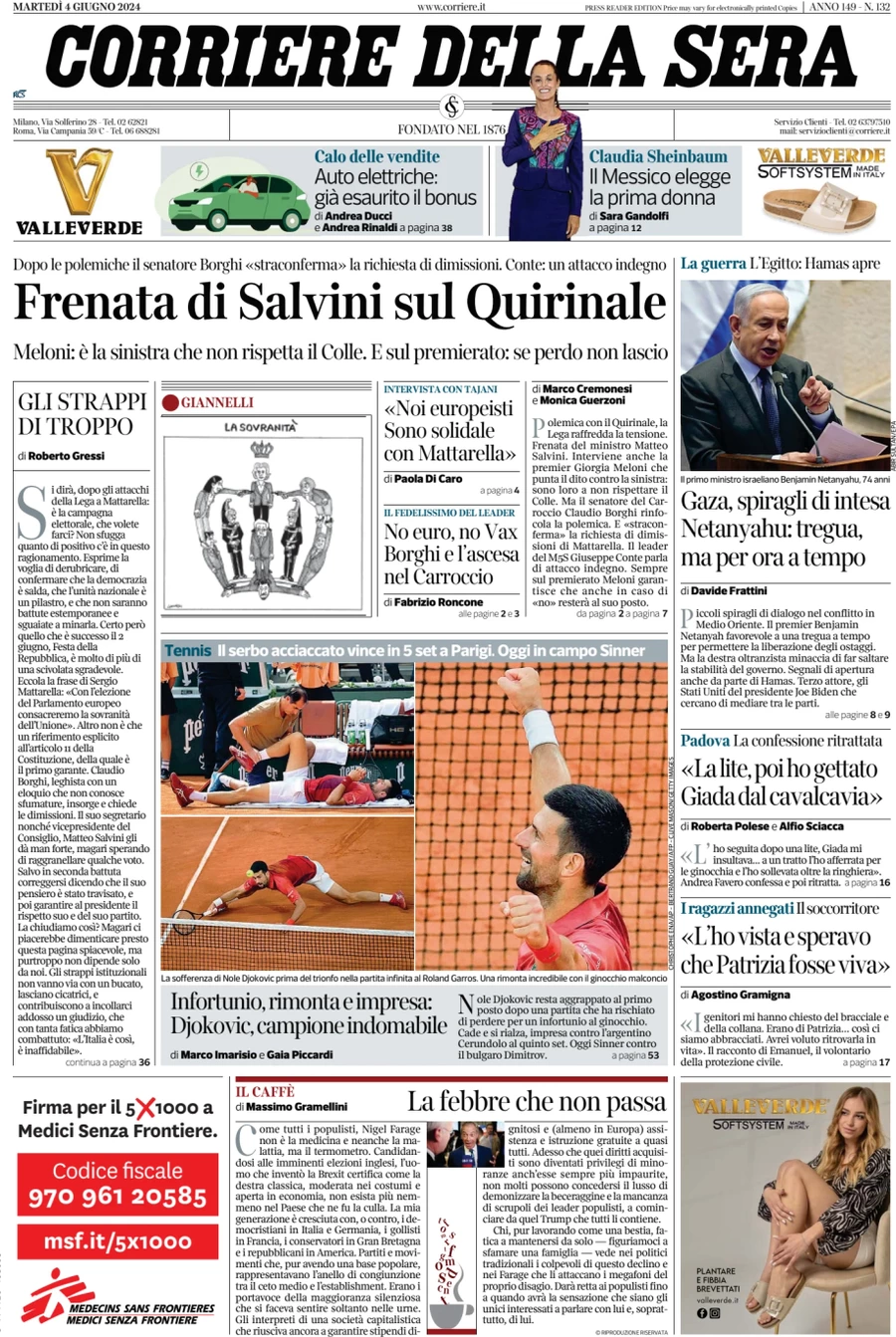anteprima della prima pagina di corriere-della-sera del 04/06/2024