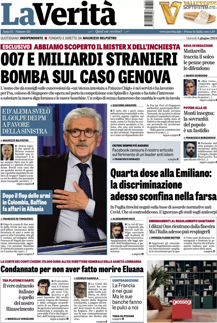anteprima della prima pagina di la-verit del 04/06/2024