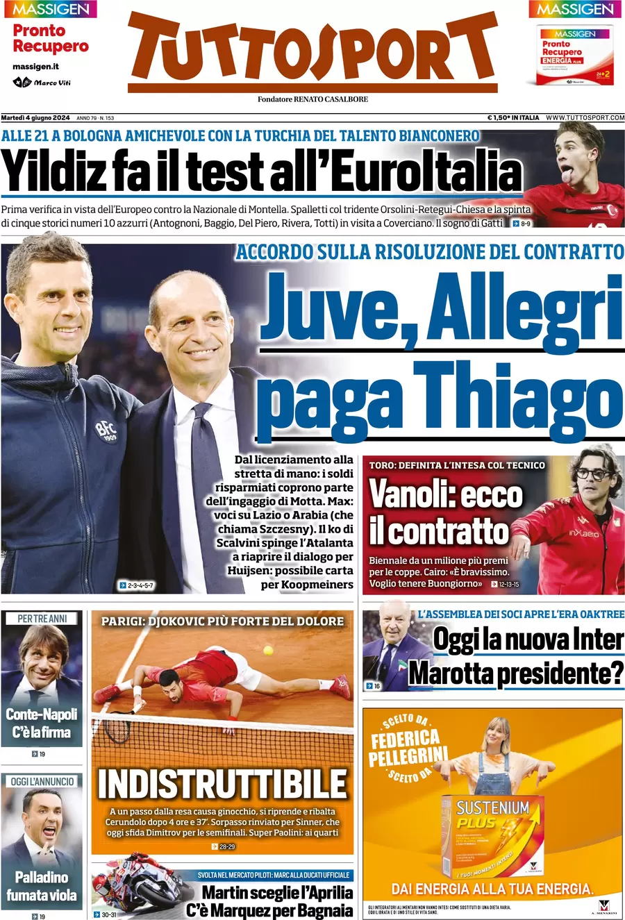 anteprima della prima pagina di tuttosport del 04/06/2024