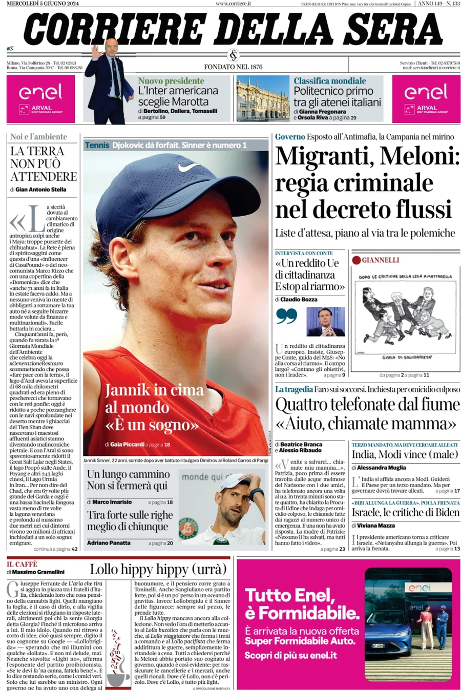 anteprima della prima pagina di corriere-della-sera del 05/06/2024