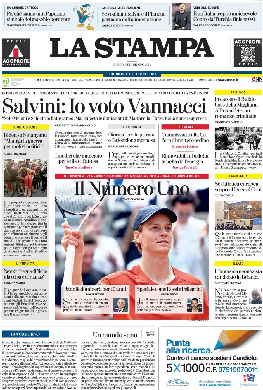 anteprima della prima pagina di la-stampa del 05/06/2024
