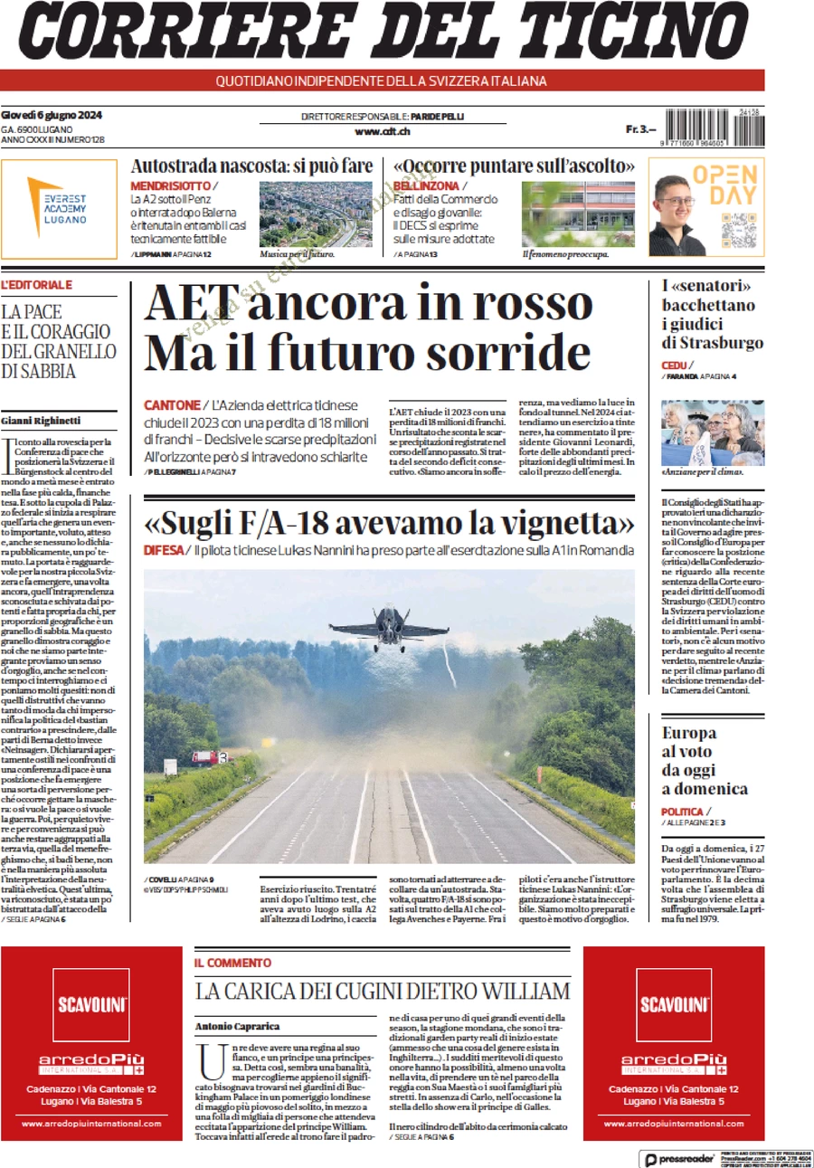 anteprima della prima pagina di corriere-del-ticino del 06/06/2024