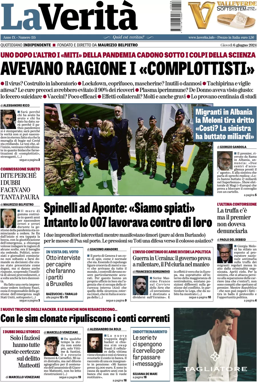 anteprima della prima pagina di la-verit del 06/06/2024