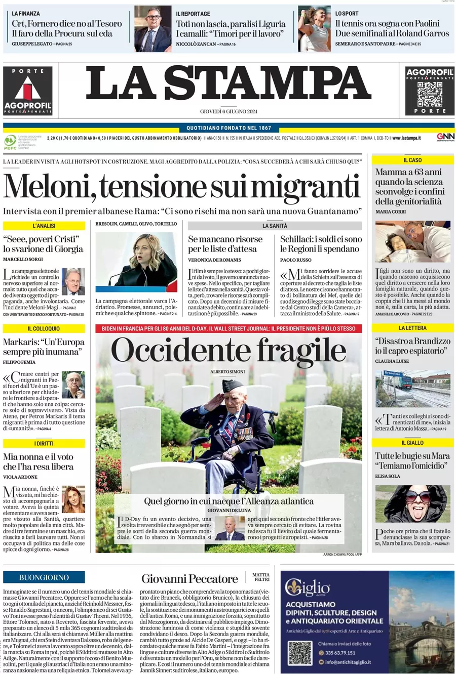 anteprima della prima pagina di la-stampa del 06/06/2024