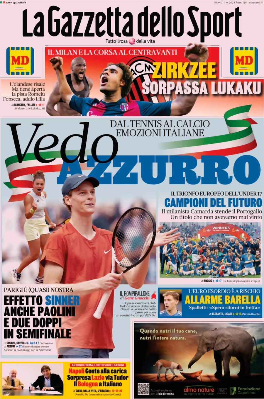 anteprima della prima pagina di la-gazzetta-dello-sport del 06/06/2024