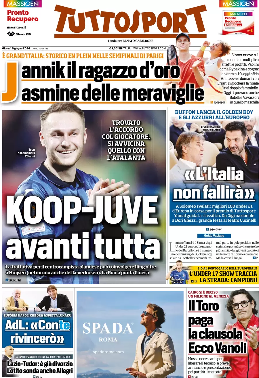 anteprima della prima pagina di tuttosport del 06/06/2024