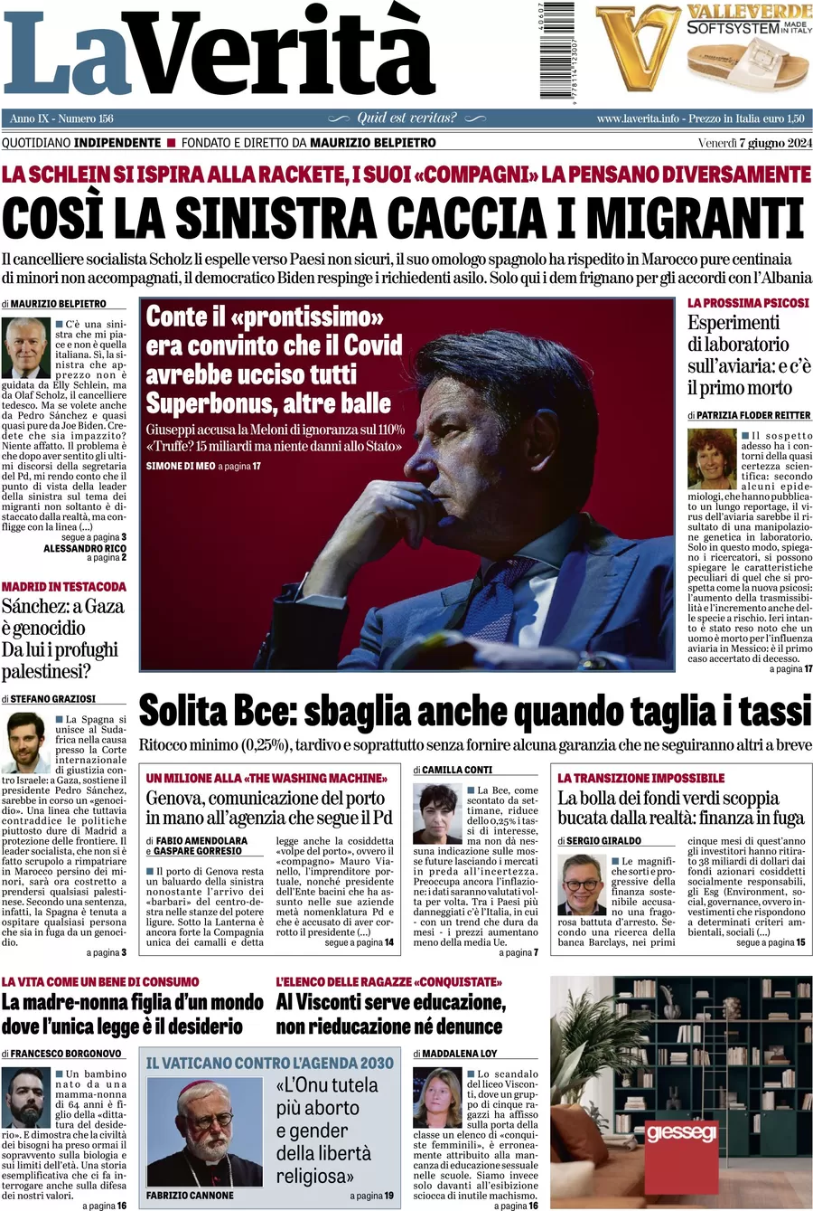 anteprima della prima pagina di la-verit del 07/06/2024