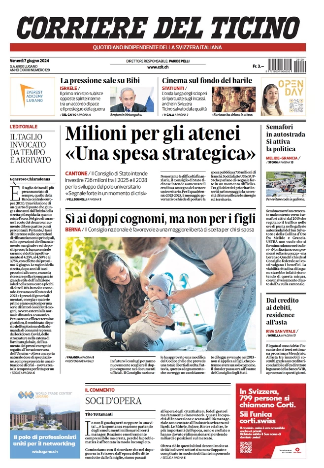 anteprima della prima pagina di corriere-del-ticino del 07/06/2024