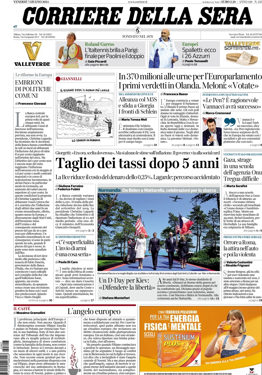 anteprima della prima pagina di corriere-della-sera del 07/06/2024
