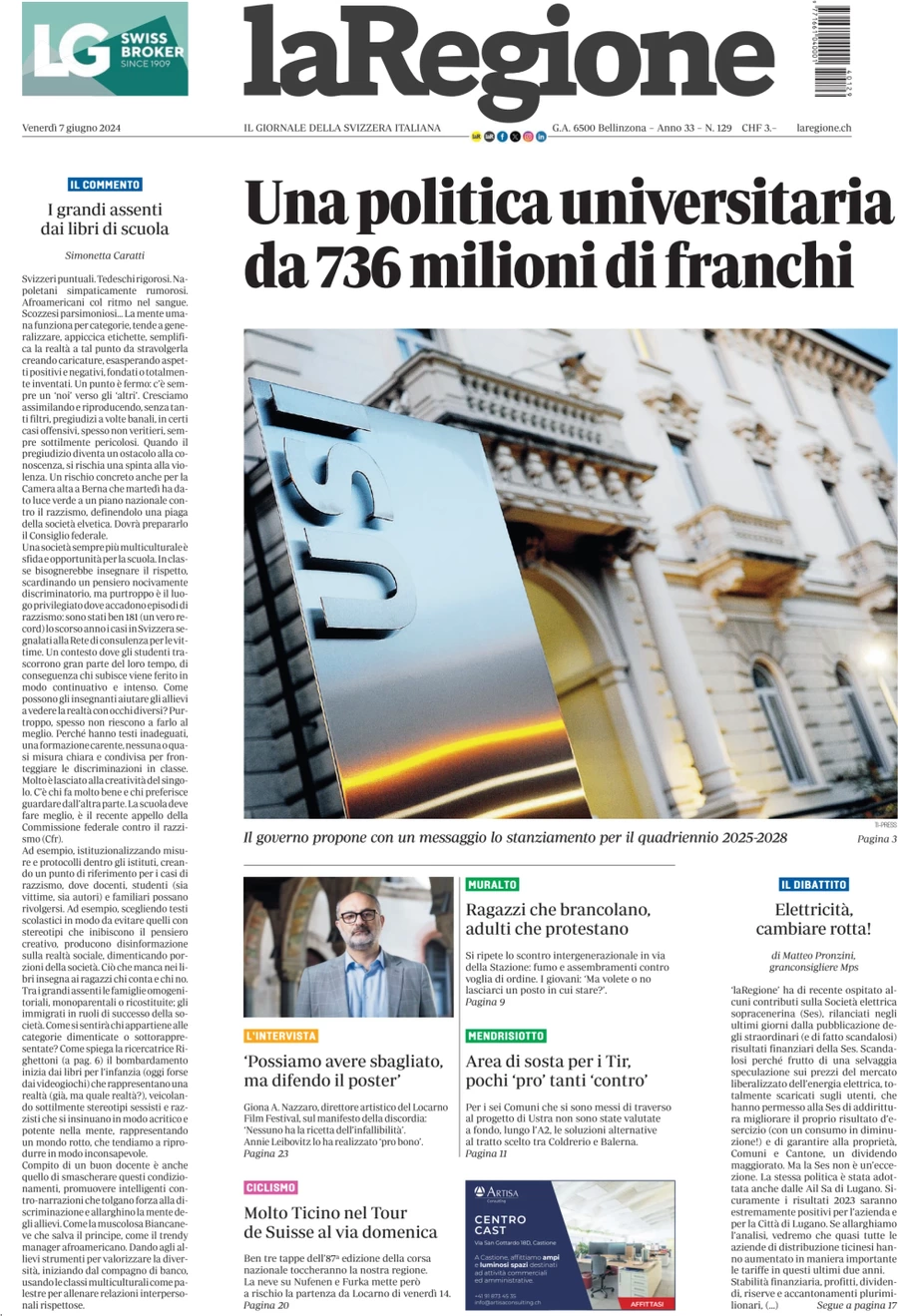 anteprima della prima pagina di la-regione del 07/06/2024