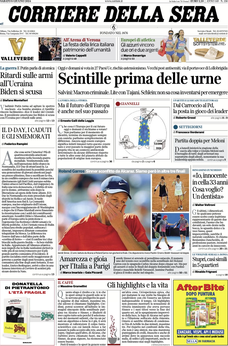 anteprima della prima pagina di corriere-della-sera del 08/06/2024