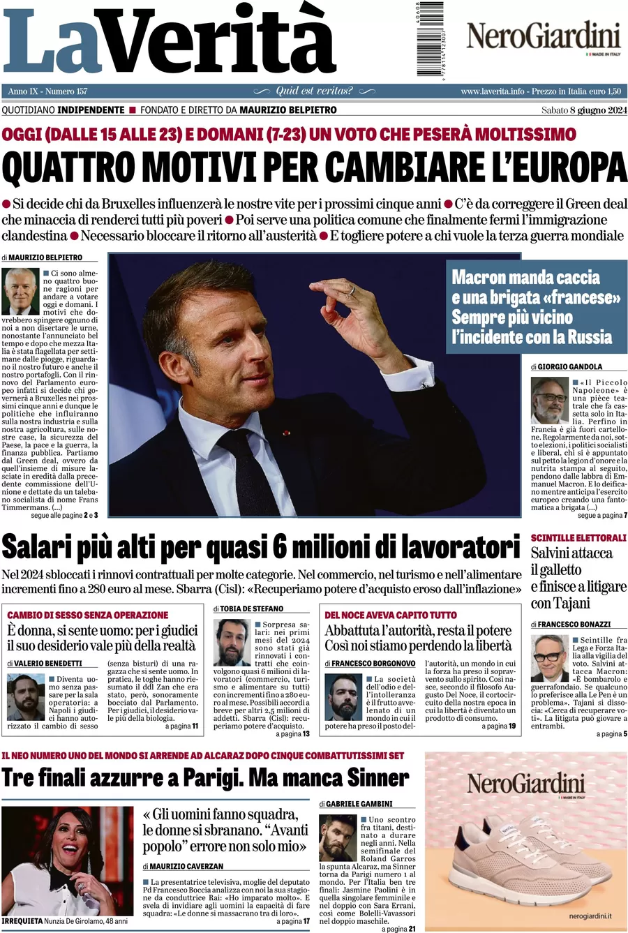 anteprima della prima pagina di la-verit del 08/06/2024