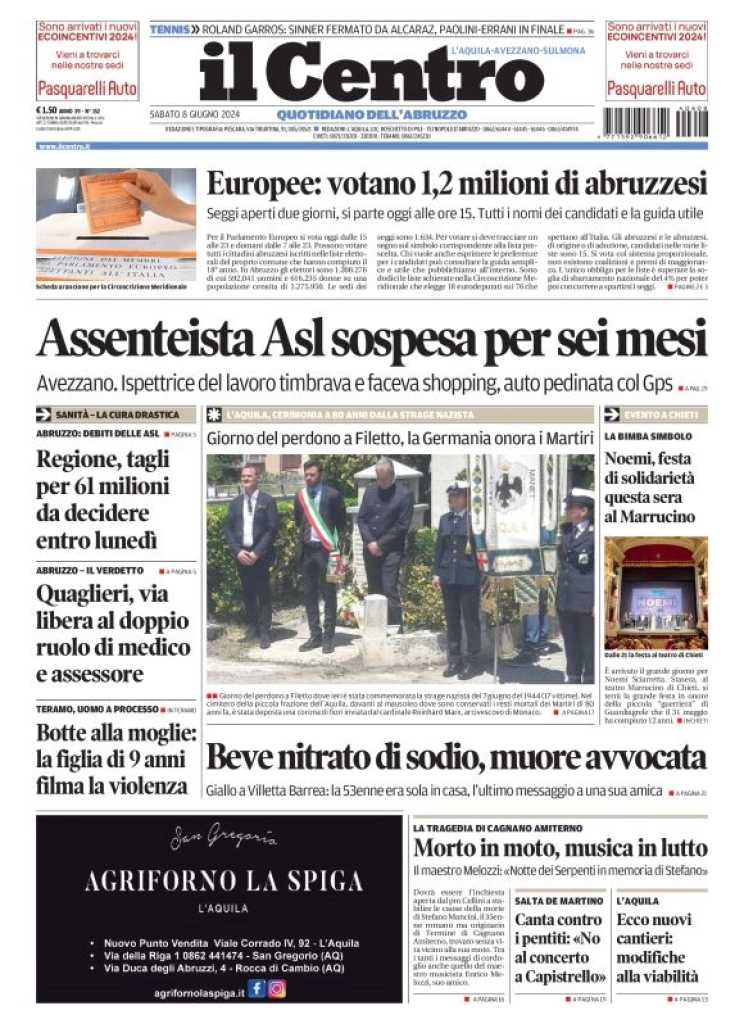 anteprima della prima pagina di il-centro-laquila del 08/06/2024