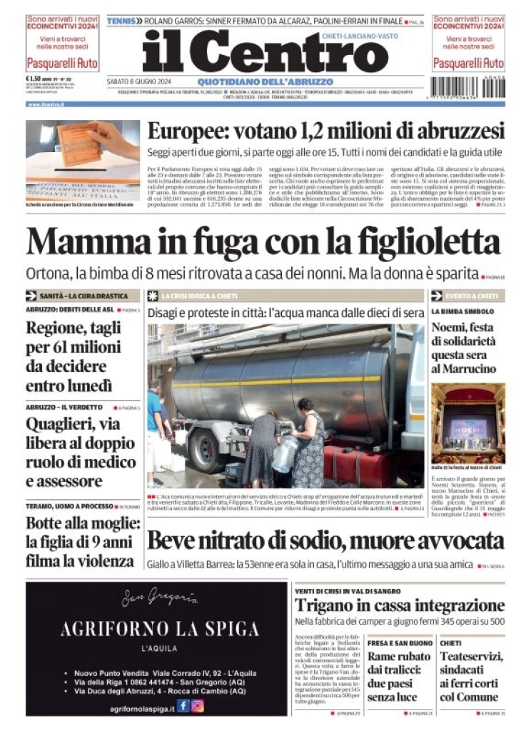 anteprima della prima pagina di il-centro-chieti del 08/06/2024
