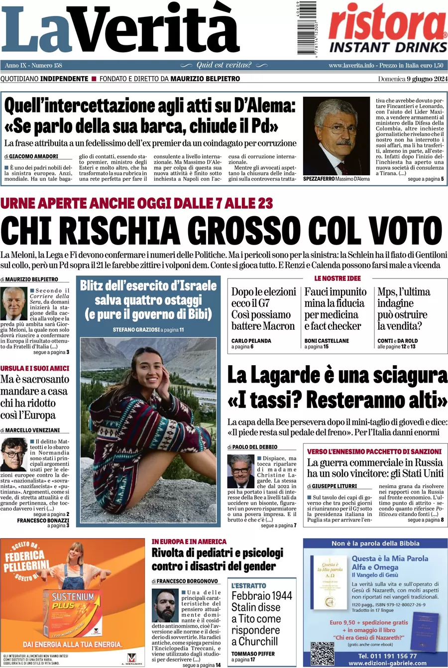 anteprima della prima pagina di la-verit del 09/06/2024