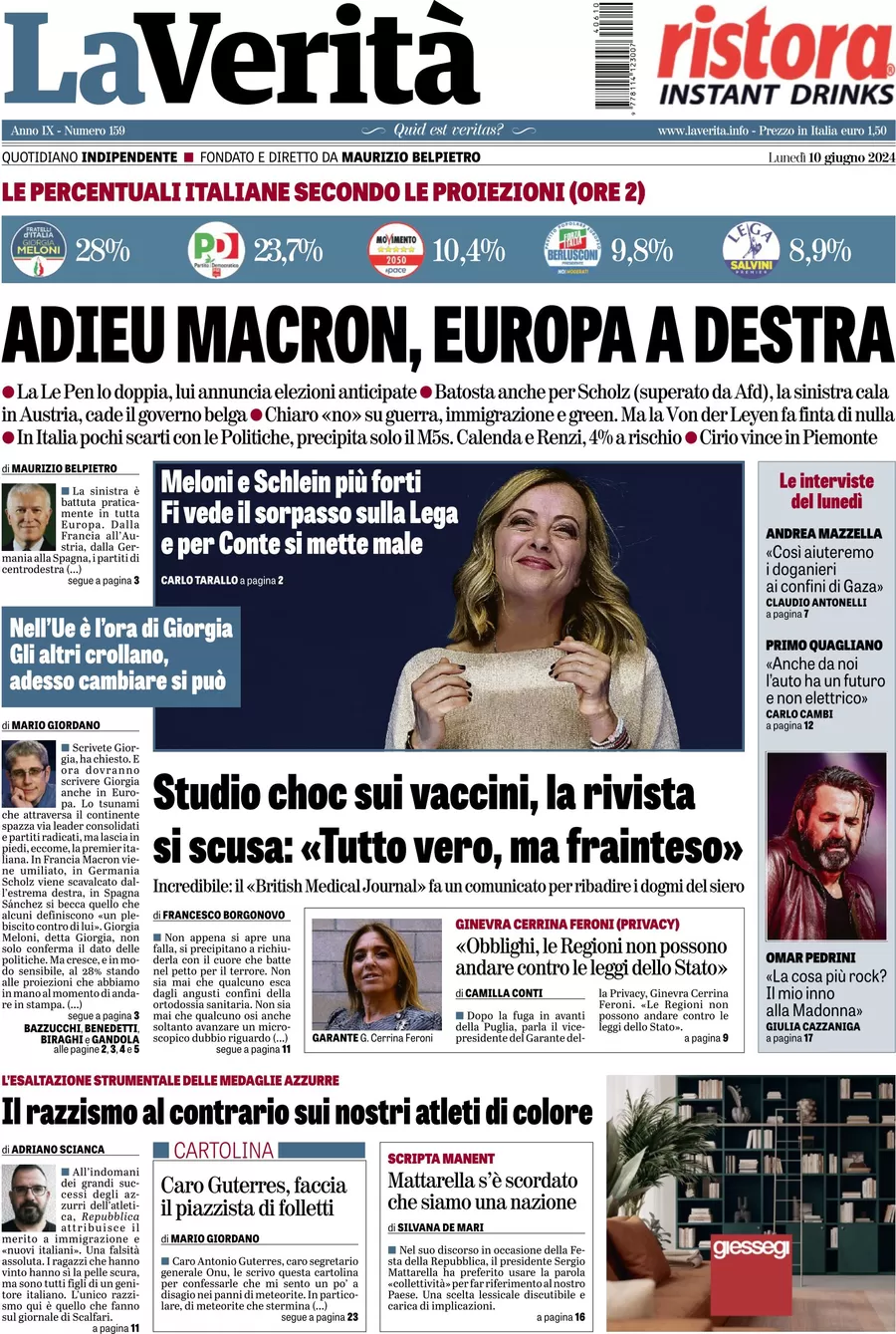 anteprima della prima pagina di la-verit del 10/06/2024