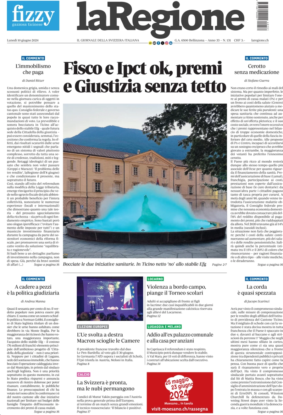 anteprima della prima pagina di la-regione del 10/06/2024
