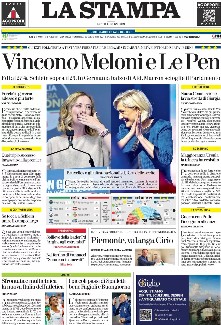 anteprima della prima pagina di la-stampa del 10/06/2024