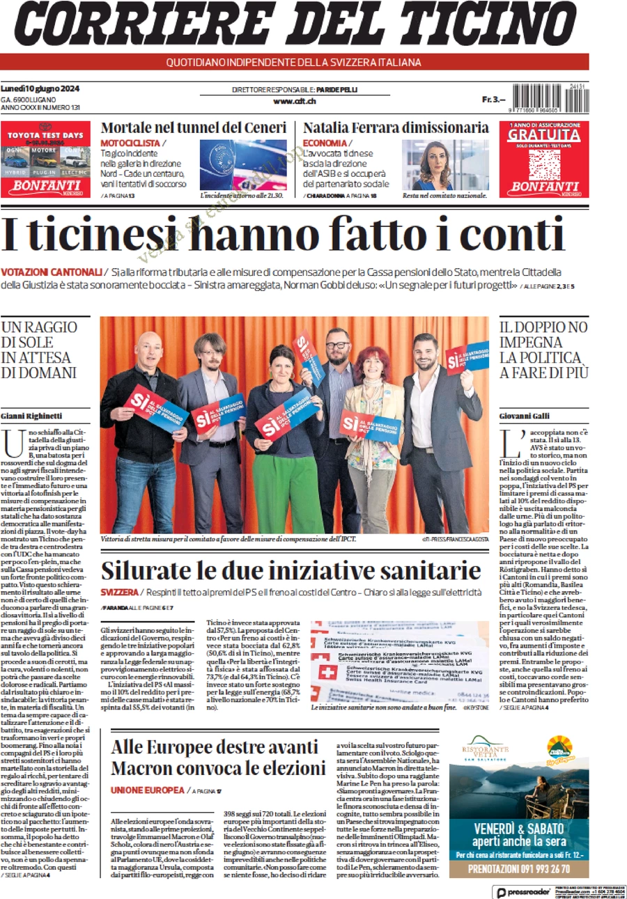 anteprima della prima pagina di corriere-del-ticino del 10/06/2024