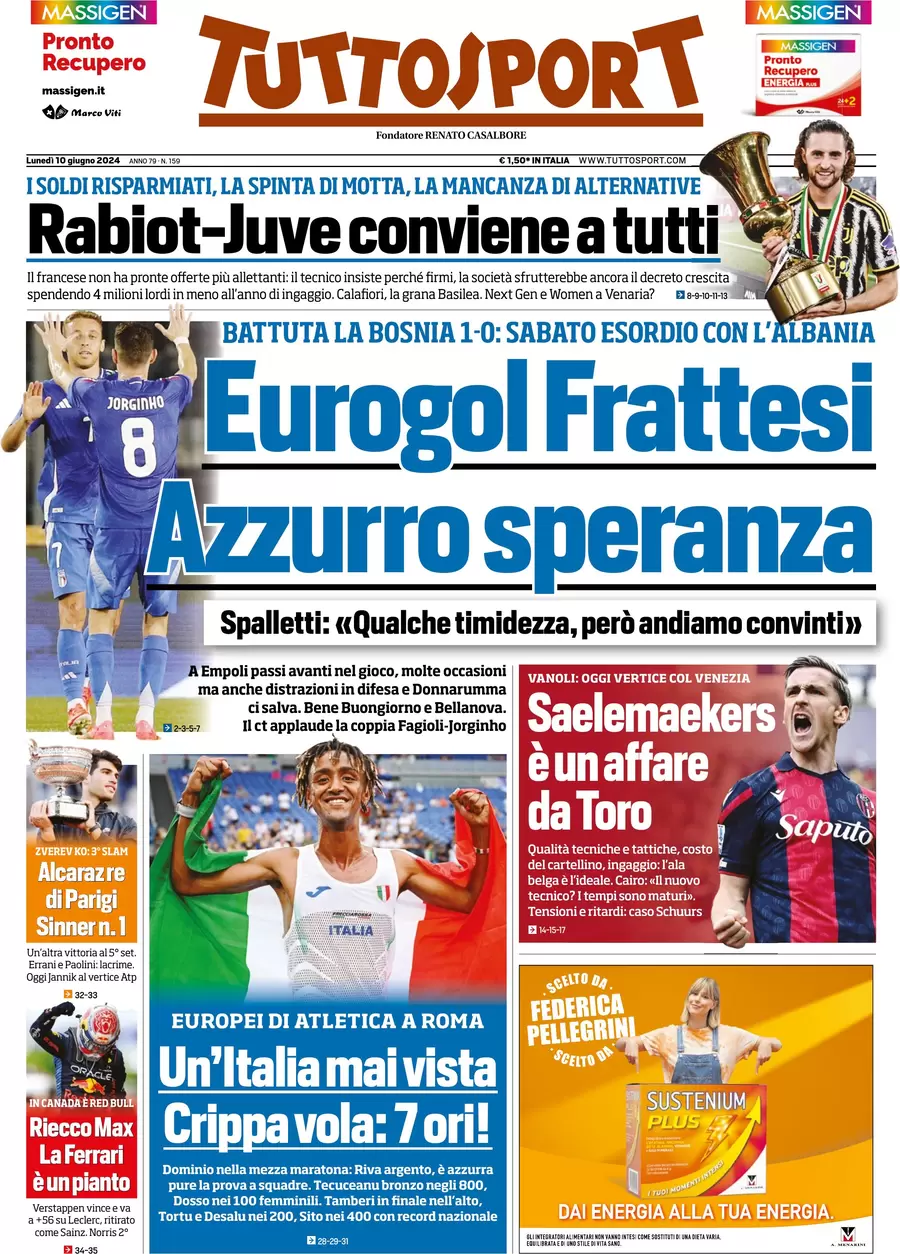 anteprima della prima pagina di tuttosport del 10/06/2024
