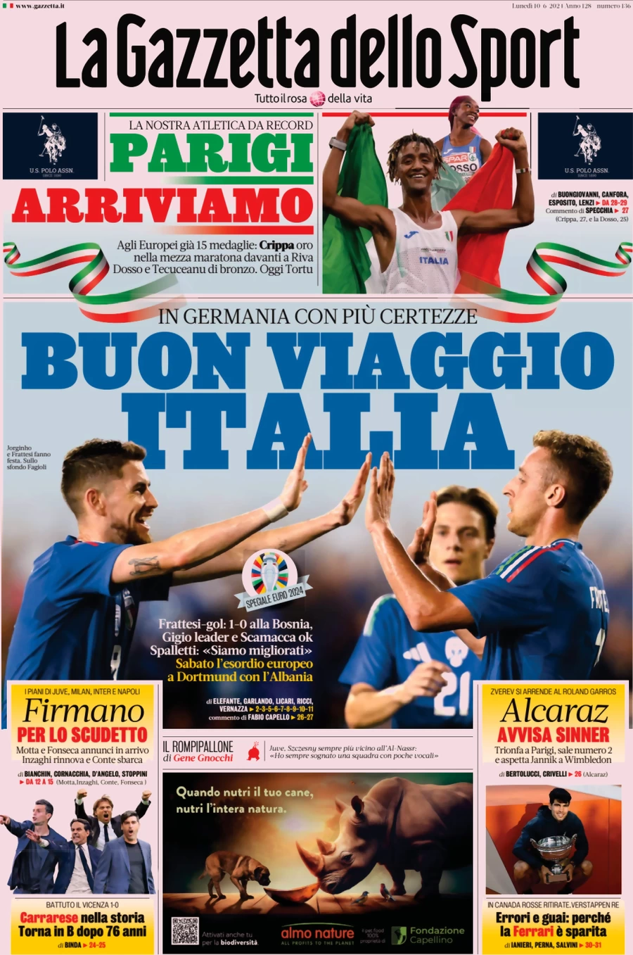 anteprima della prima pagina di la-gazzetta-dello-sport del 10/06/2024
