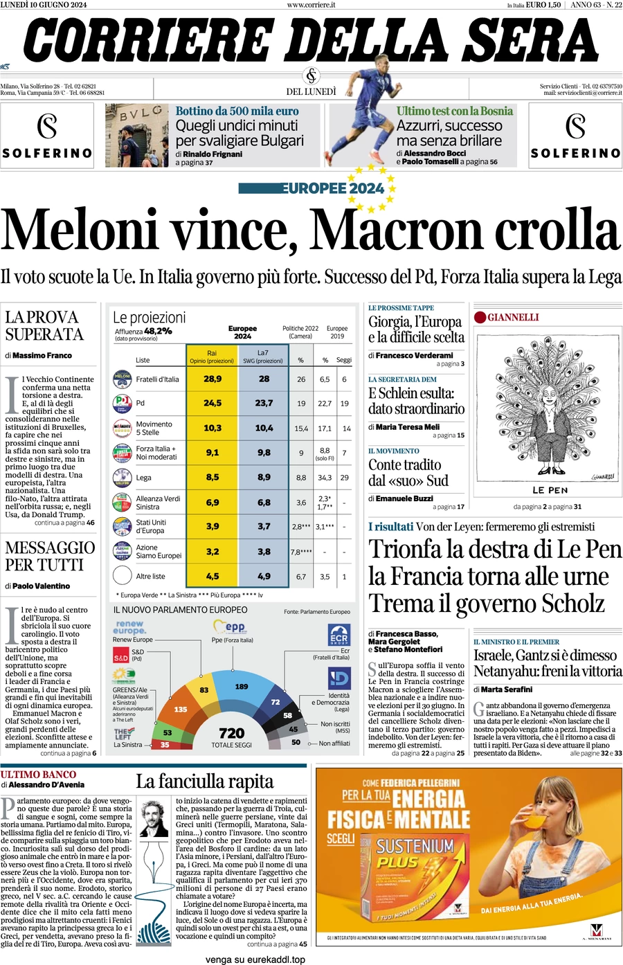 anteprima della prima pagina di corriere-della-sera del 10/06/2024