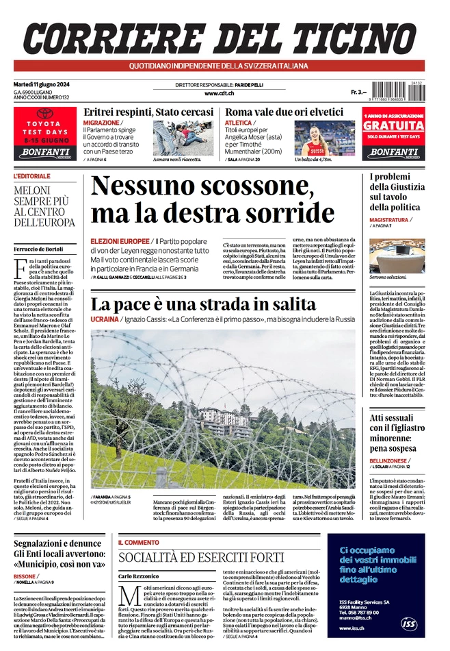 anteprima della prima pagina di corriere-del-ticino del 11/06/2024