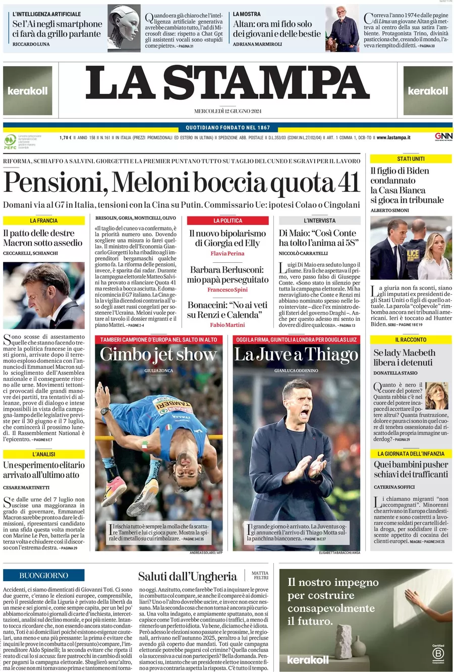 anteprima della prima pagina di la-stampa del 12/06/2024