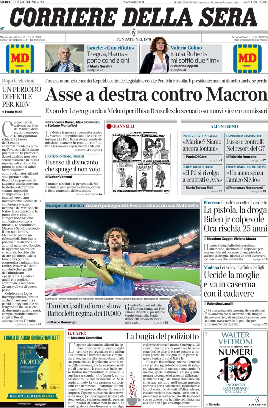 anteprima della prima pagina di corriere-della-sera del 12/06/2024