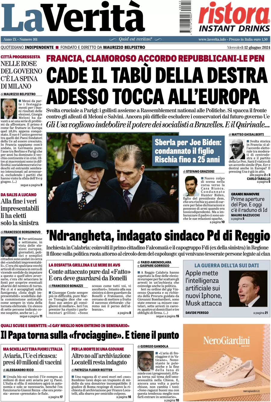 anteprima della prima pagina di la-verit del 12/06/2024
