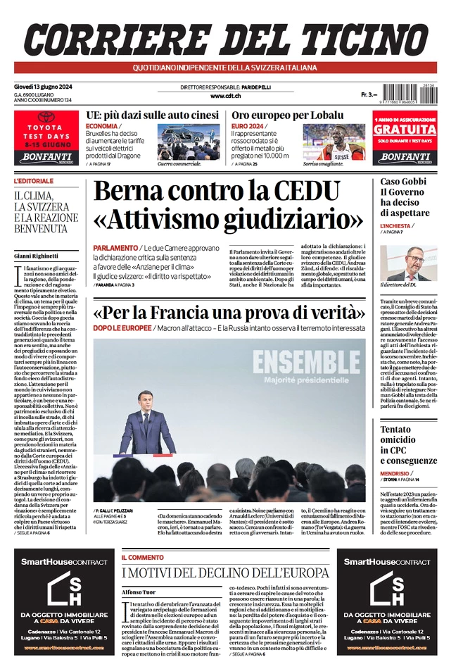 anteprima della prima pagina di corriere-del-ticino del 13/06/2024