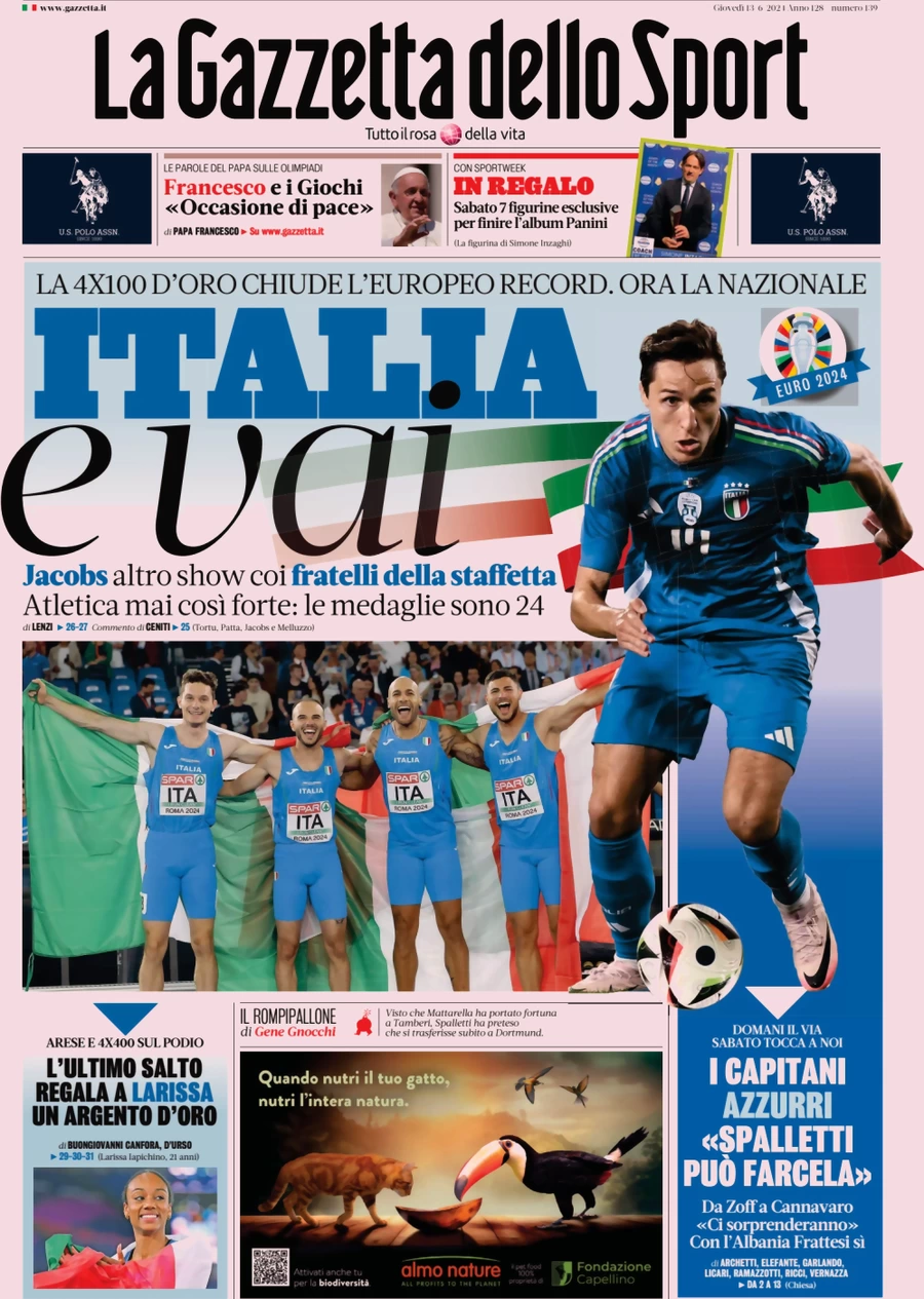 anteprima della prima pagina di la-gazzetta-dello-sport del 13/06/2024