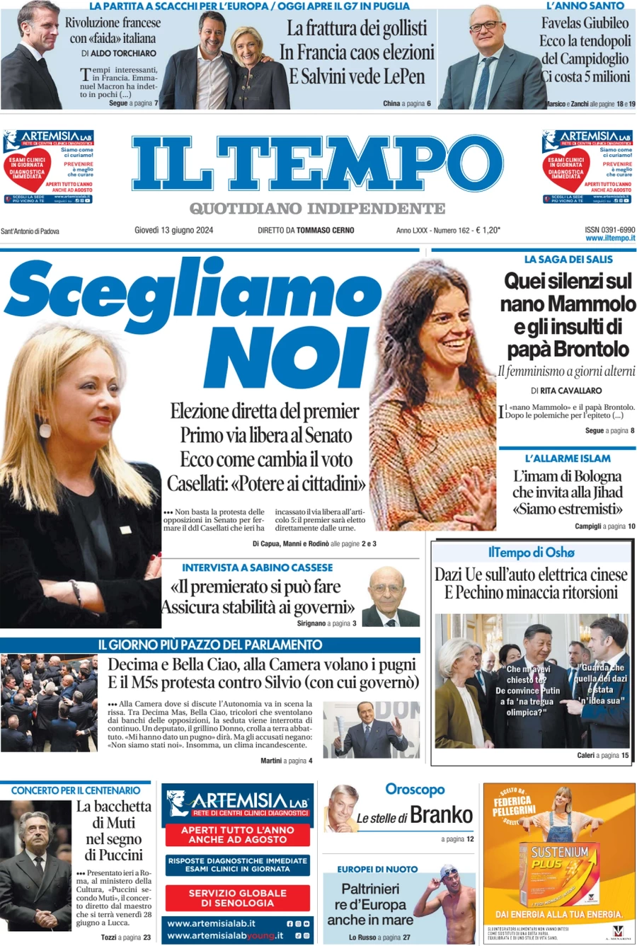 anteprima della prima pagina di il-tempo del 13/06/2024