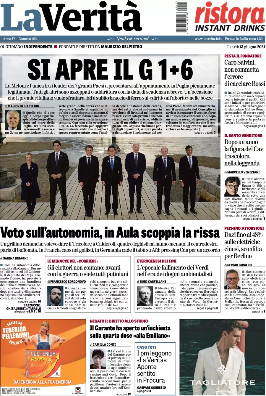 anteprima della prima pagina di la-verit del 13/06/2024