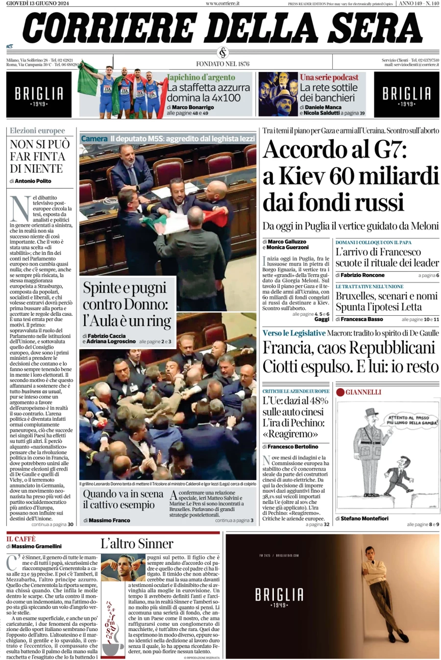 anteprima della prima pagina di corriere-della-sera del 13/06/2024