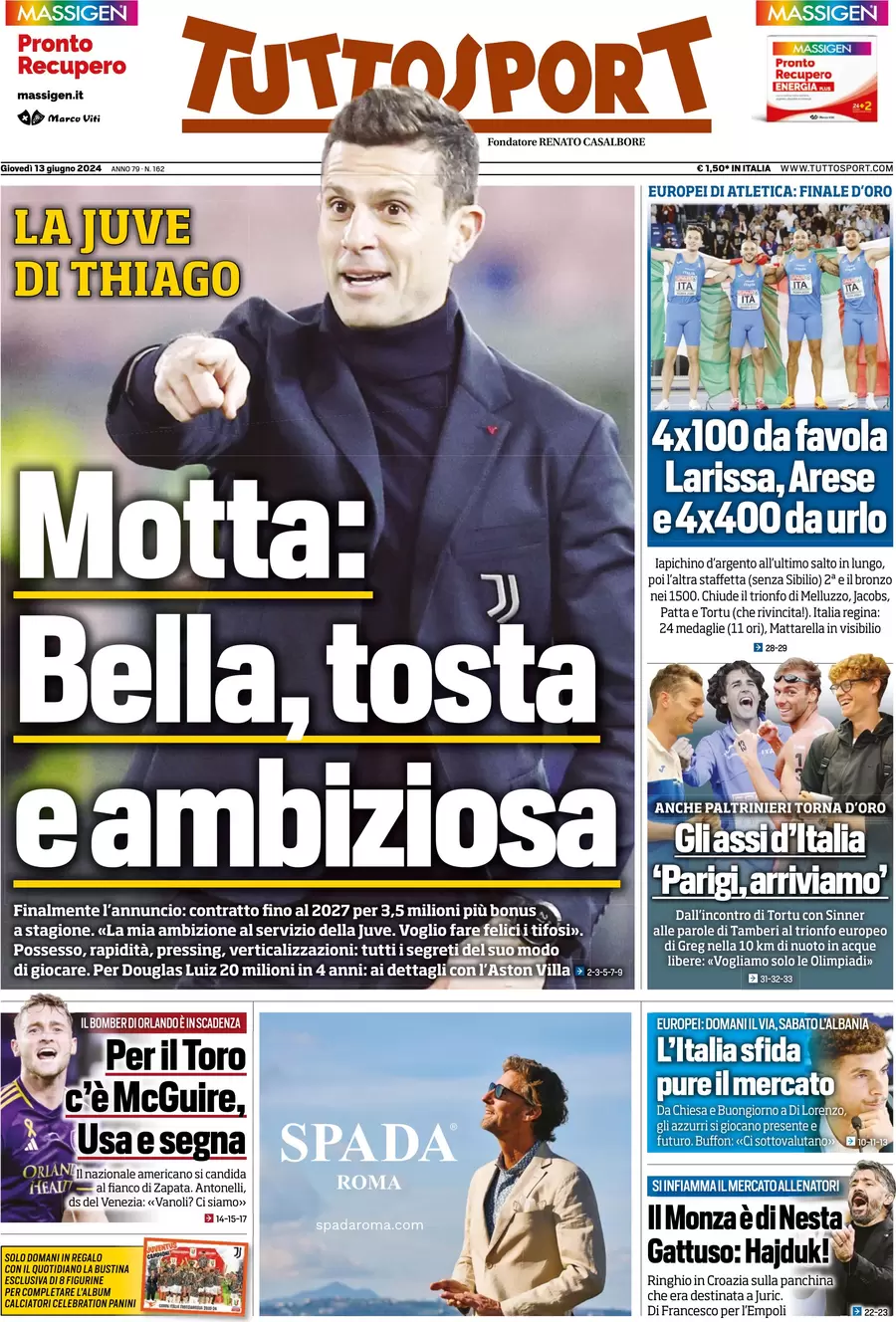 anteprima della prima pagina di tuttosport del 13/06/2024