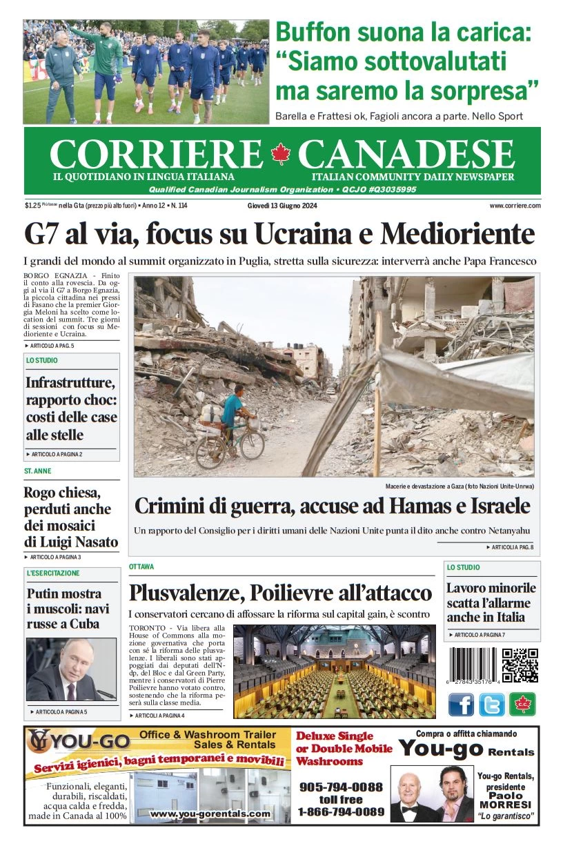 anteprima della prima pagina di corriere-canadese del 13/06/2024