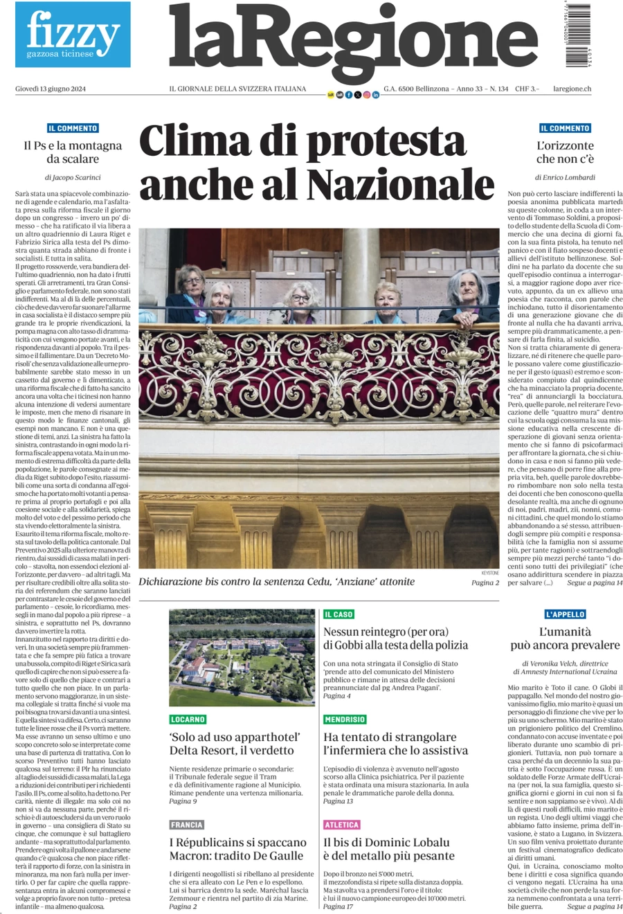 anteprima della prima pagina di la-regione del 13/06/2024