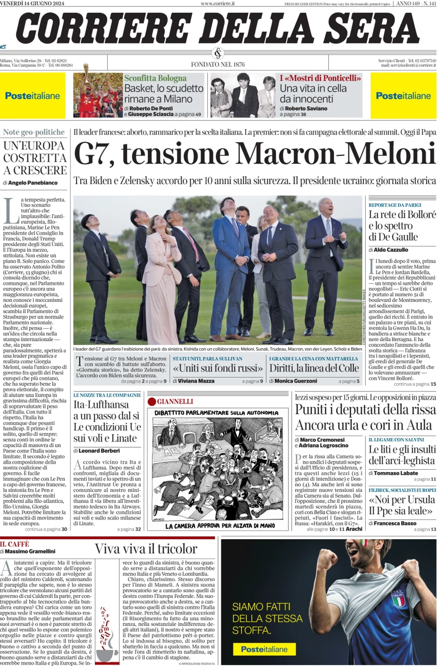 anteprima della prima pagina di corriere-della-sera del 14/06/2024
