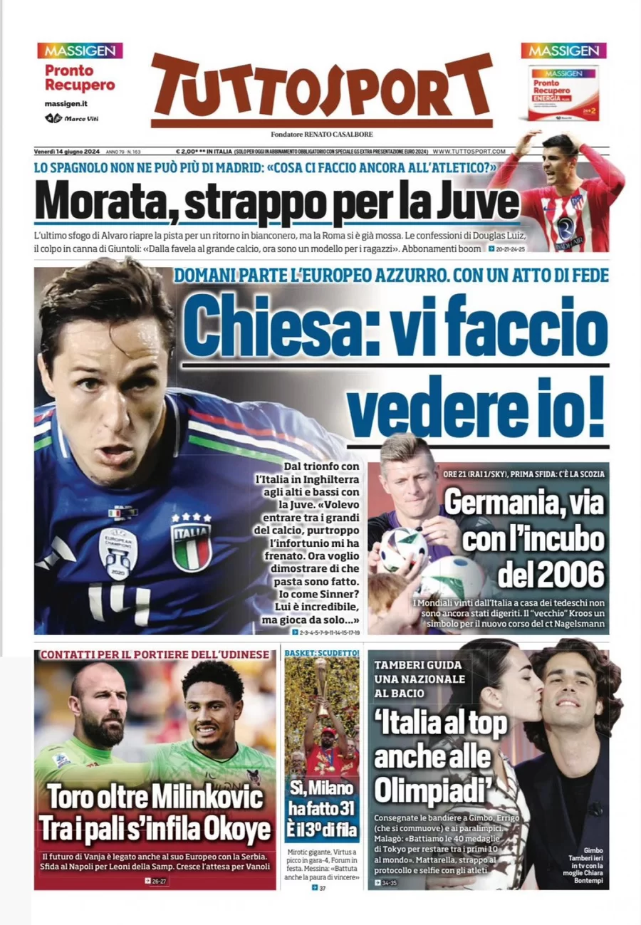 anteprima della prima pagina di tuttosport del 14/06/2024