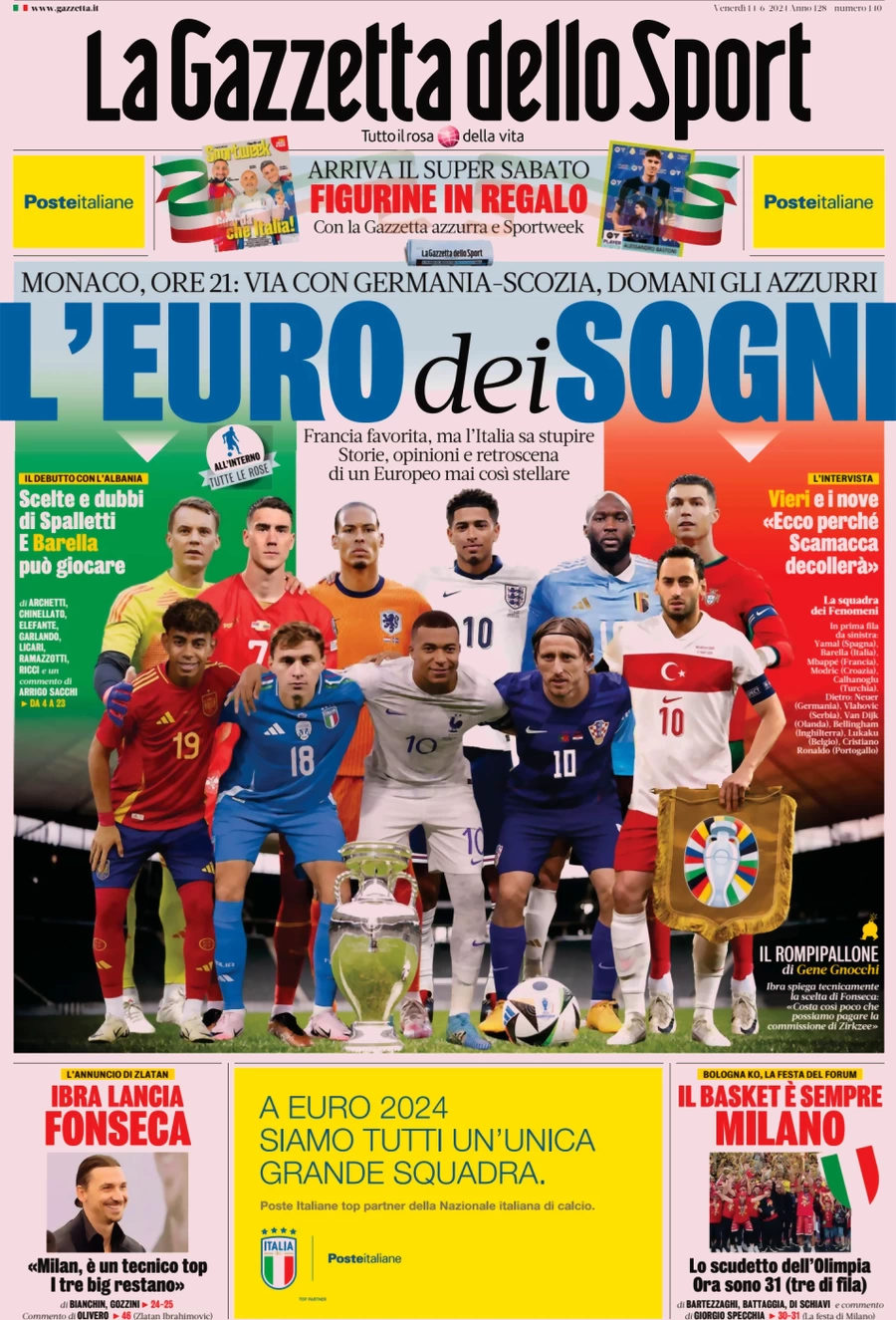 anteprima della prima pagina di la-gazzetta-dello-sport del 14/06/2024
