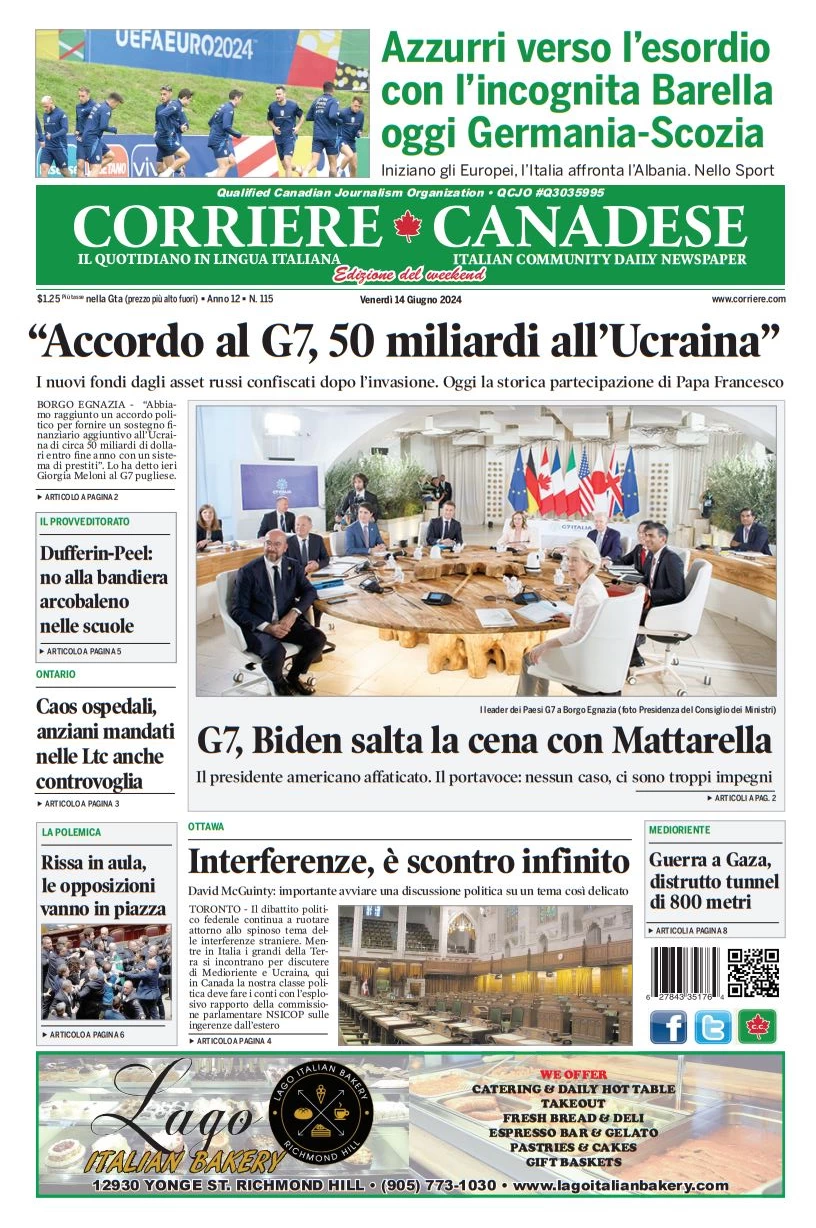 anteprima della prima pagina di corriere-canadese del 14/06/2024