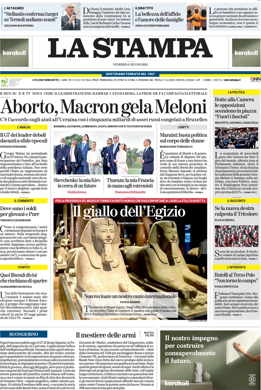 anteprima della prima pagina di la-stampa del 14/06/2024