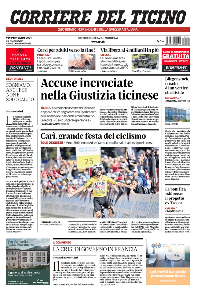 anteprima della prima pagina di corriere-del-ticino del 14/06/2024