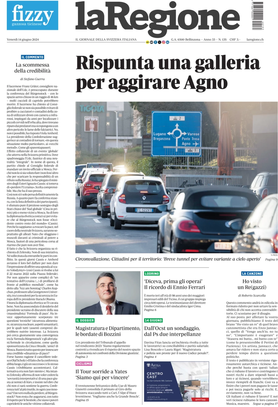 anteprima della prima pagina di la-regione del 14/06/2024