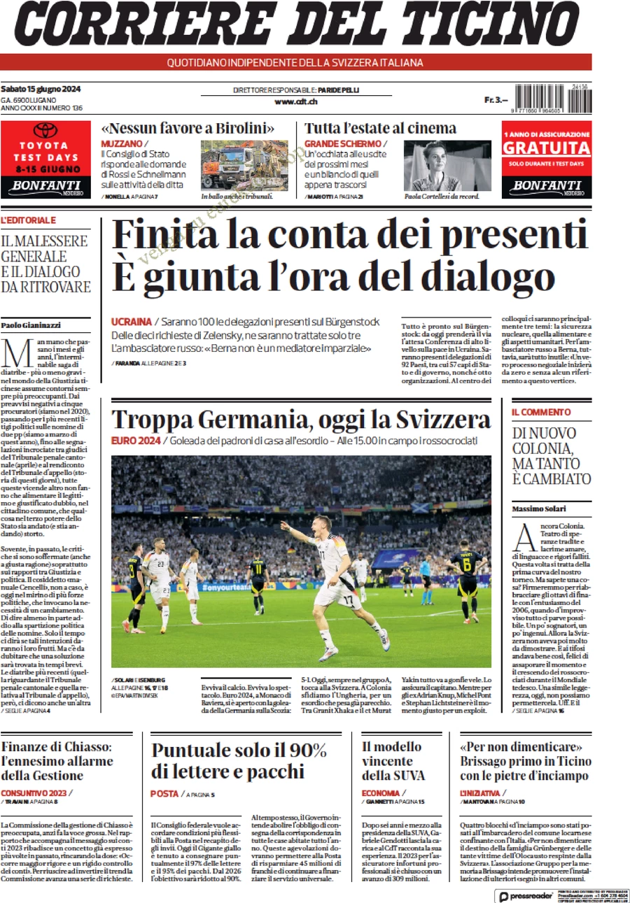 anteprima della prima pagina di corriere-del-ticino del 15/06/2024