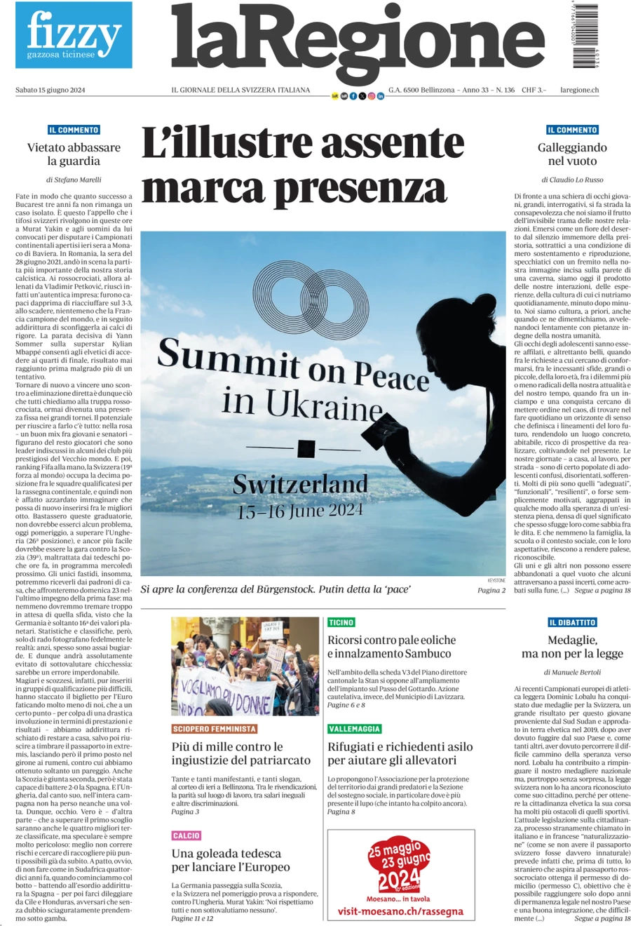 anteprima della prima pagina di la-regione del 15/06/2024